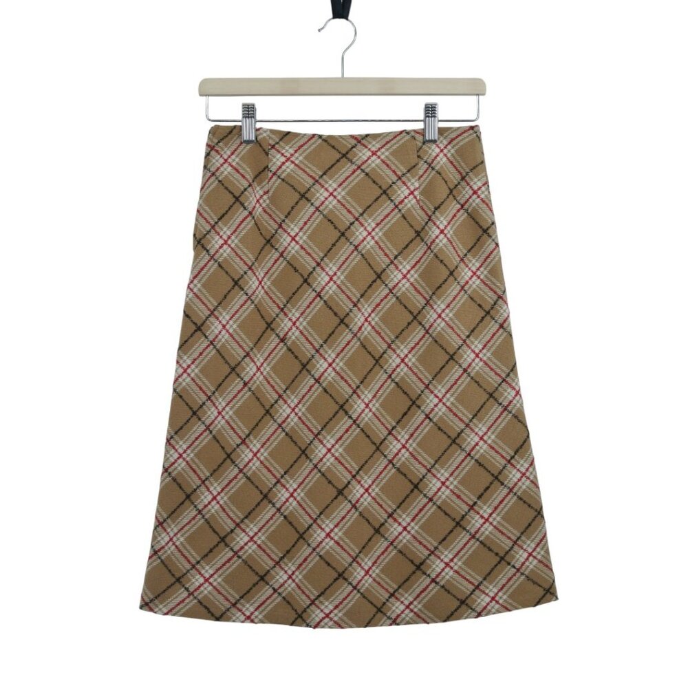 Sisley Wool Checkered Camel Red Accent Pencil Skirt Size M